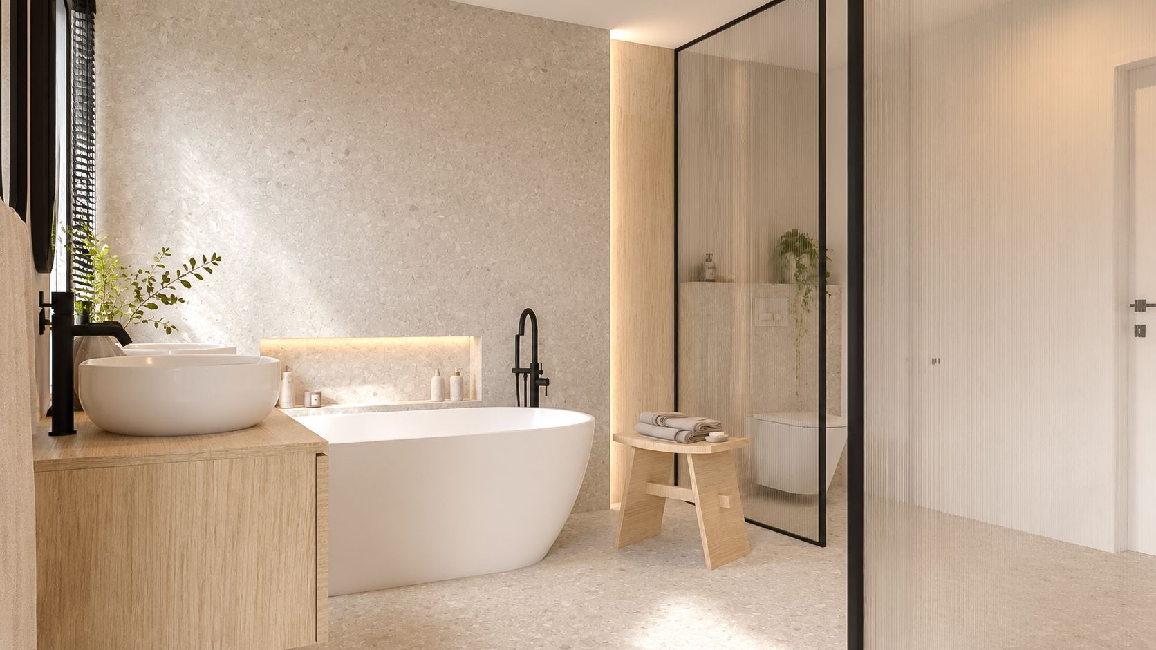 Moderne minimalistische badkamer met een vrijstaand bad, een houten wastafelmeubel, een grote spiegel en een glazen douchewand