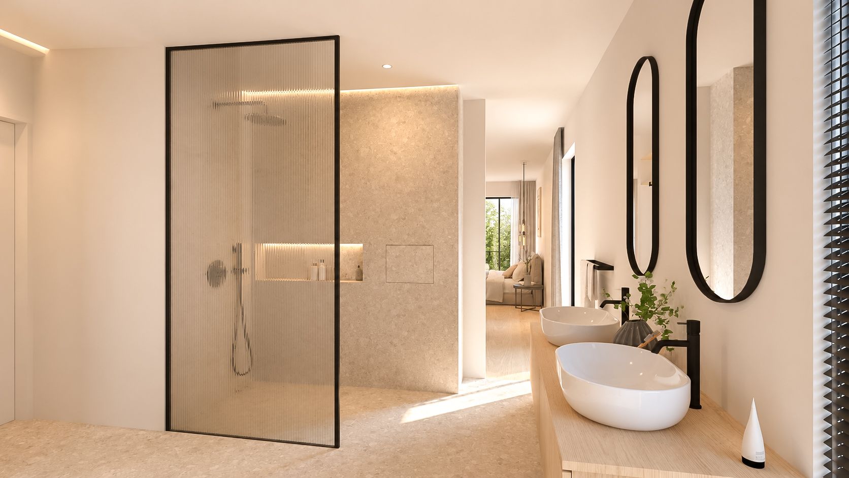 Moderne beige badkamer met glazen douche, vrijstaand bad en gebogen spiegels