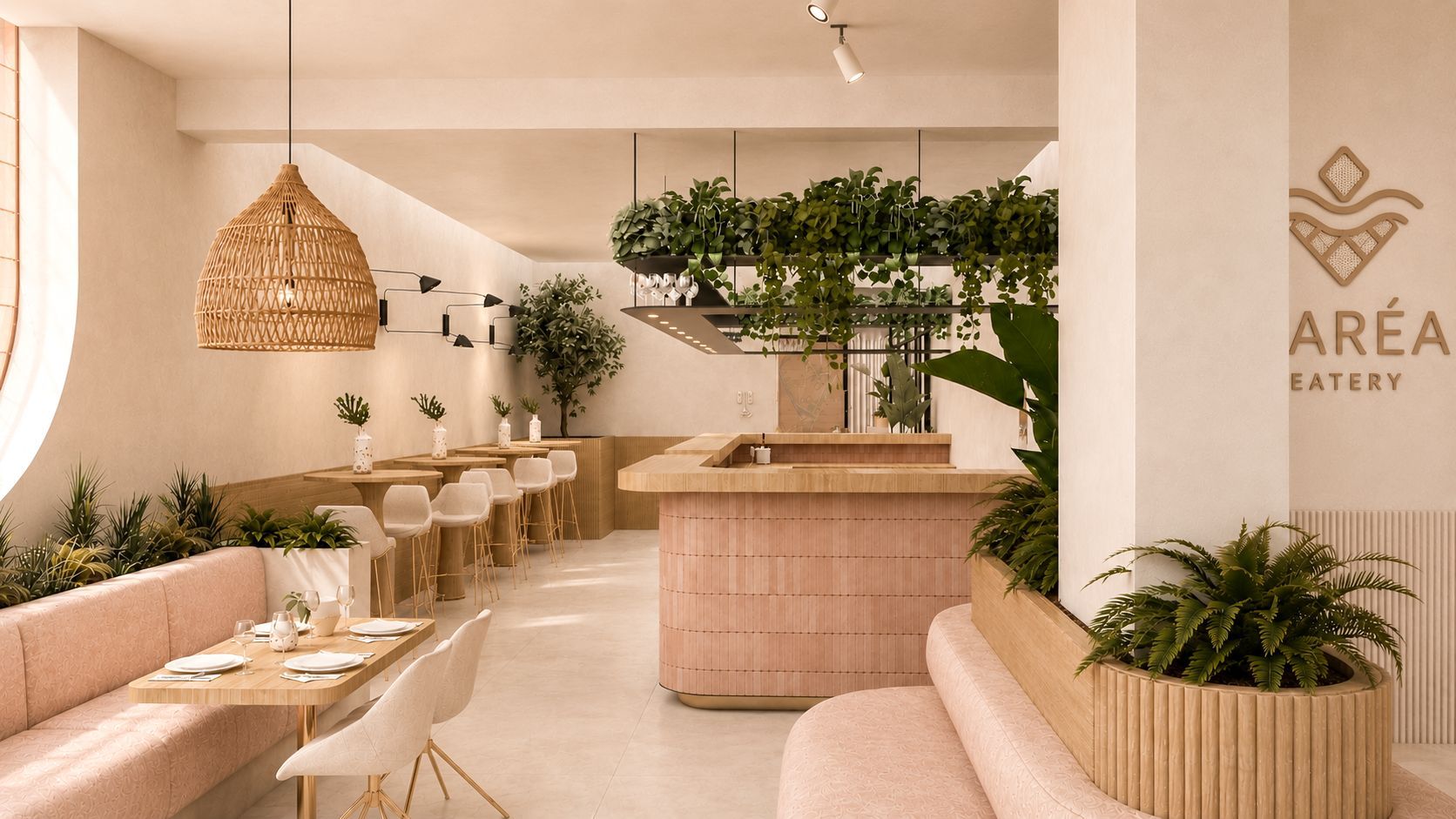 Modern beige interieur van een bakkerij-café met een gebogen toonbank, planten, rieten hanglampen en zitplaatsen