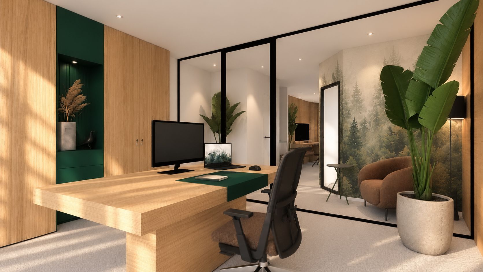 Modern thuiskantoor met houten bureau, zwarte stoel, grote plant en glazen scheidingswand