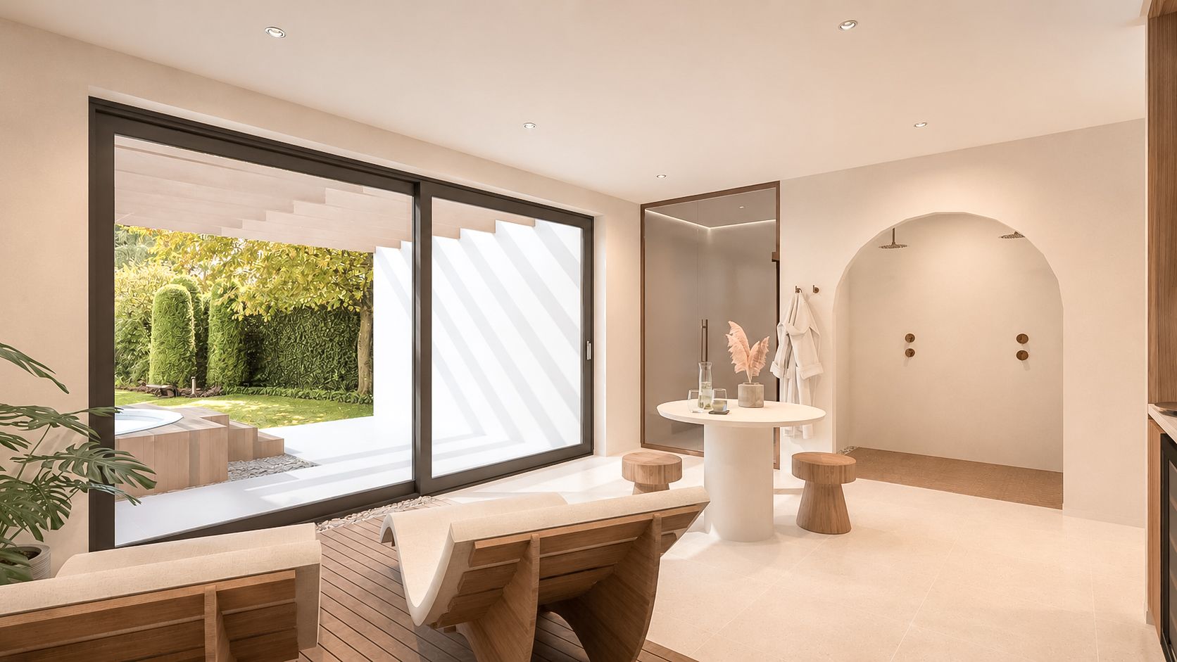 Lichte, minimalistische woonkamer met grote ramen, een bank, een ronde tafel en een gebogen deuropening met uitzicht op het groen