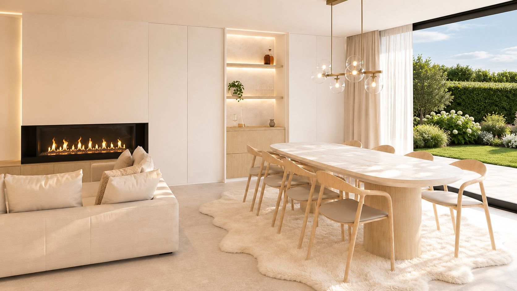 Lichte, moderne eetkamer met een witte bank, open haard en lange houten tafel bij grote ramen