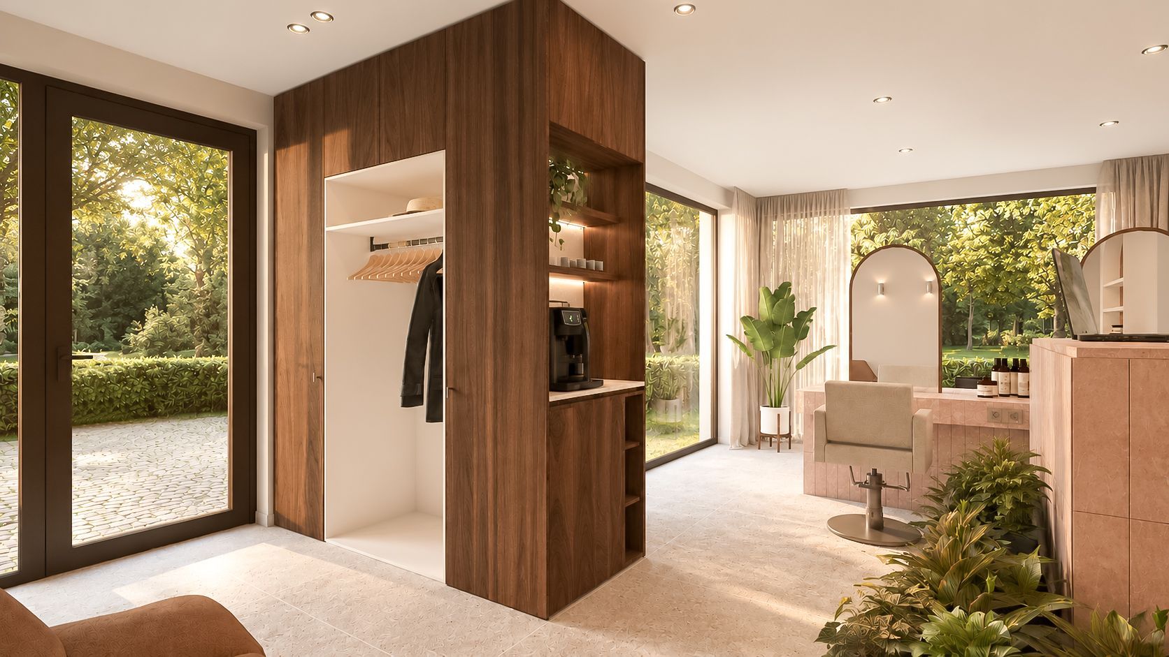 Moderne inloopkast met houten planken, grote ramen en een zitgedeelte met uitzicht op het groen.