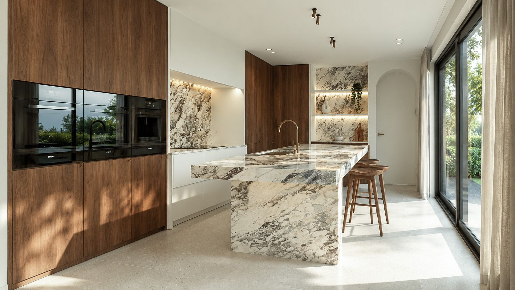 Moderne keuken met een marmeren kookeiland, houten kastjes en kamerhoge ramen met uitzicht op het groen