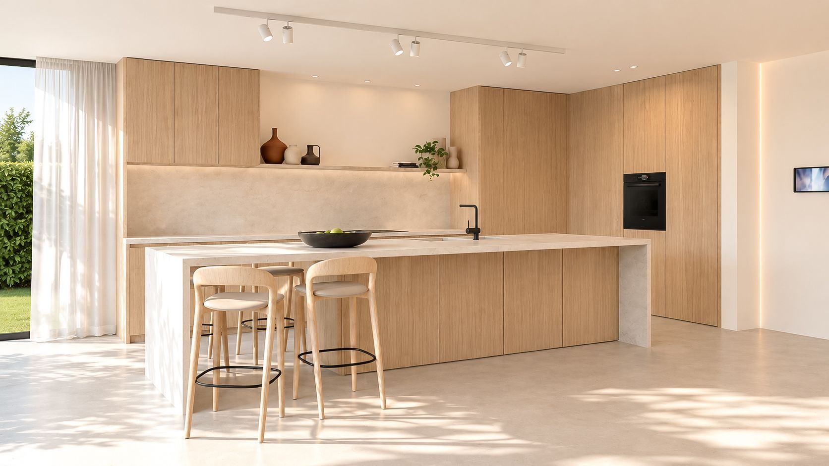 Lichte, moderne keuken met lichte houten kasten, een wit kookeiland en twee barkrukken bij een raam waar de zon op schijnt.
