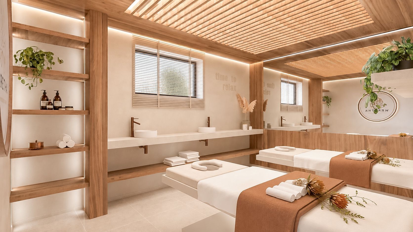 Rustige behandelruimte in de spa met twee massagetafels, warme houten accenten en zacht beige licht