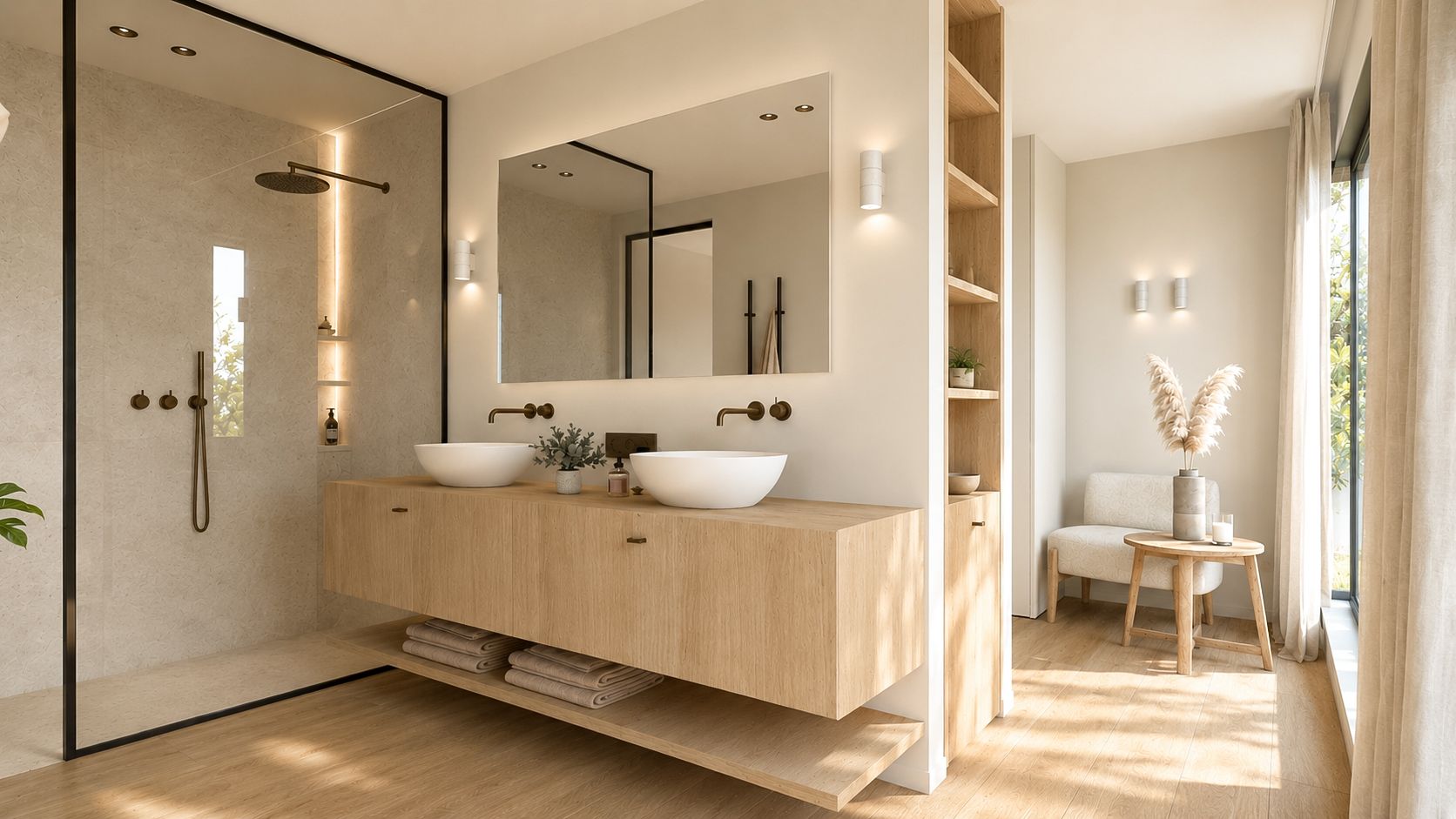 Moderne beige badkamer met dubbele wastafel, grote spiegel, glazen douche en een klein stoeltje bij het raam.