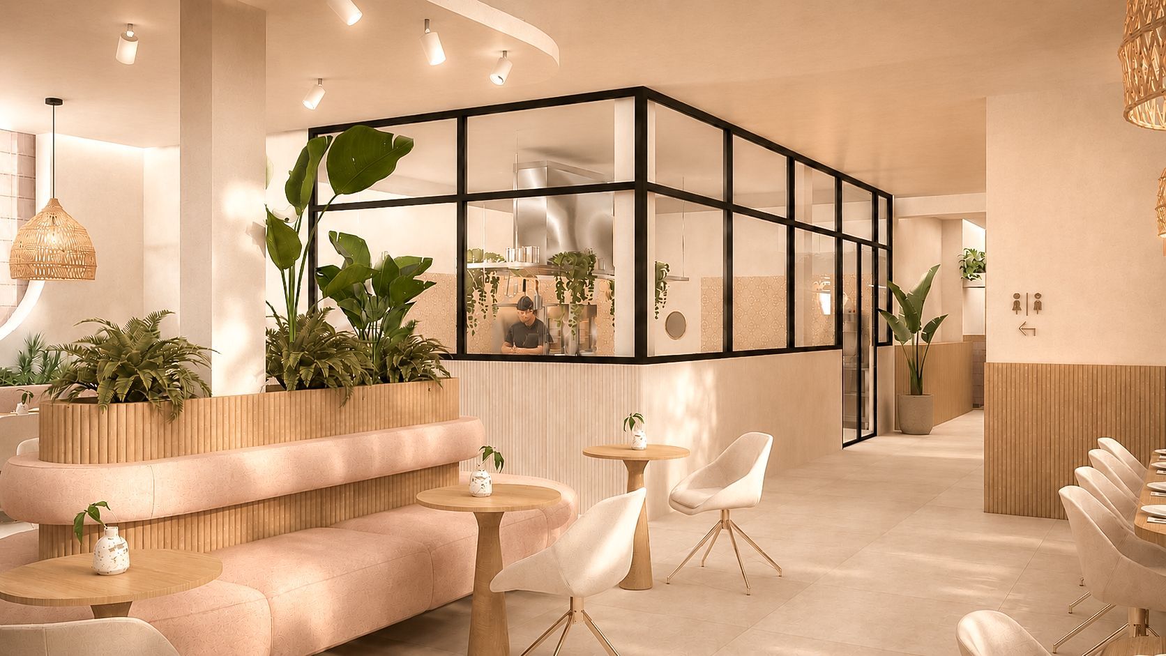 Lichte, moderne café met zandkleurige zitplaatsen, een glazen scheidingswand met zwart frame en weelderige kamerplanten