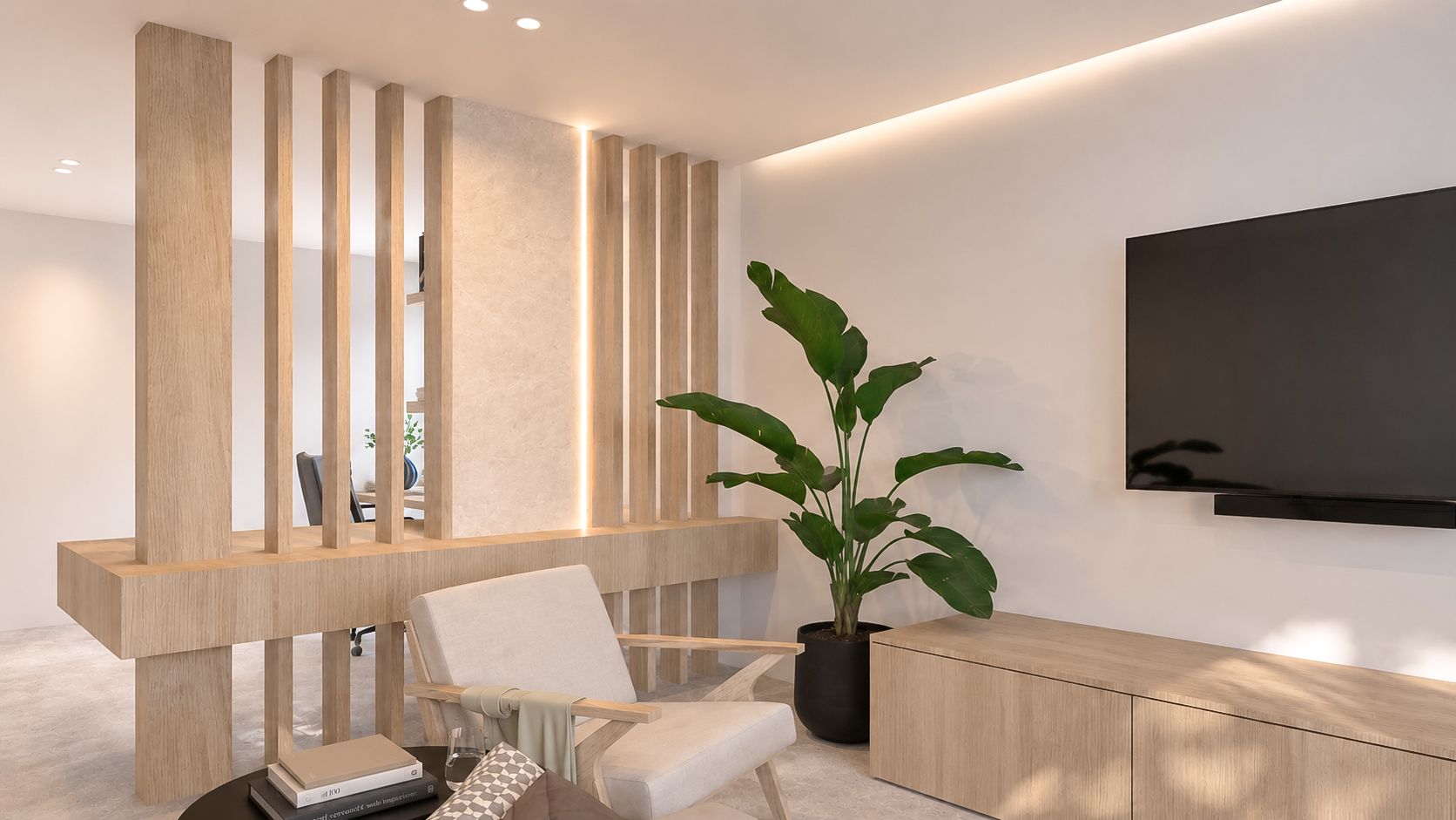 Moderne, minimalistische woonkamer met beige houten accenten, witte stoelen, een plant en een tv aan de muur