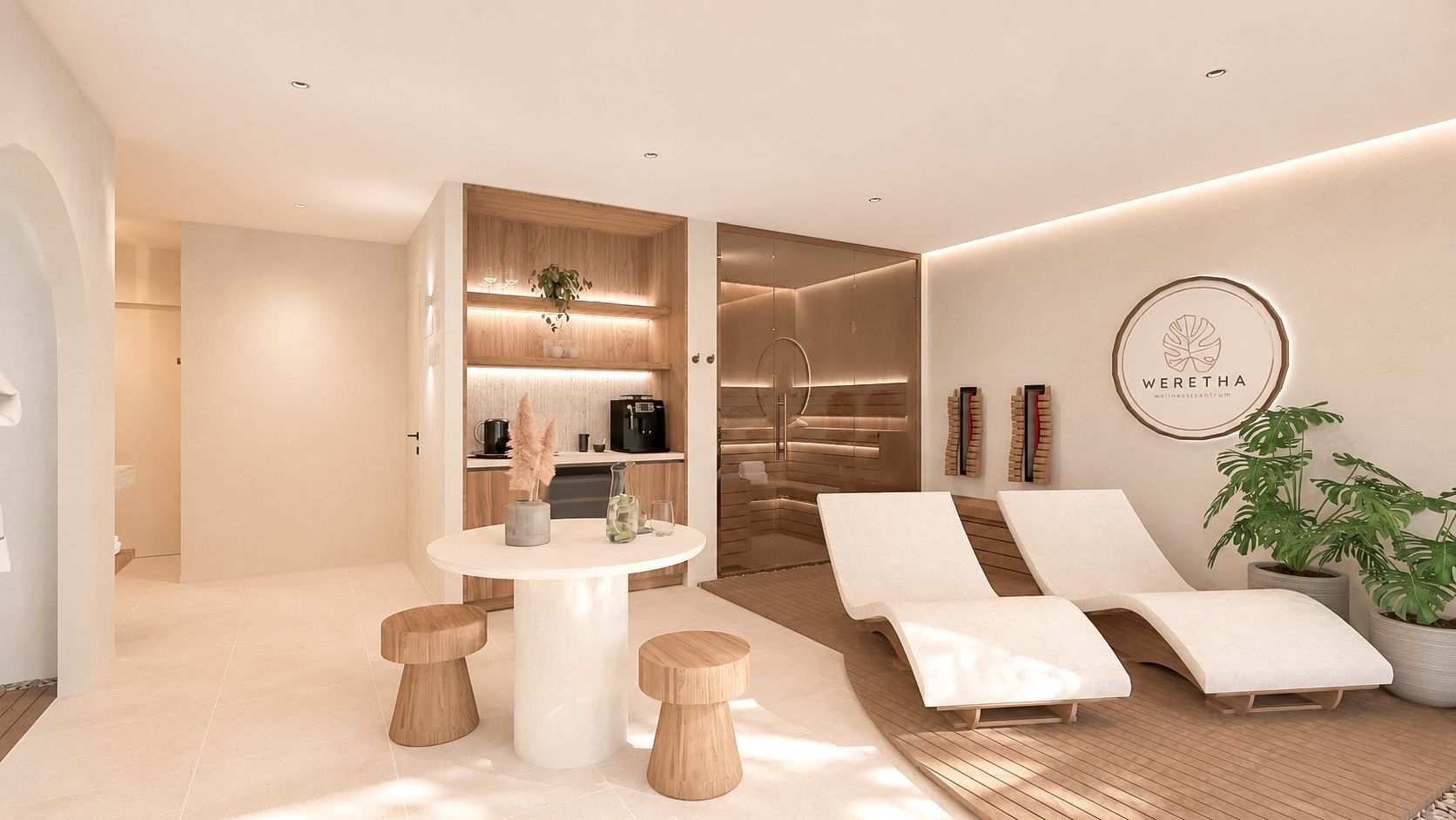 Moderne, minimalistische sauna met beige fauteuils, ronde krukjes, houten accenten en een wandklok.