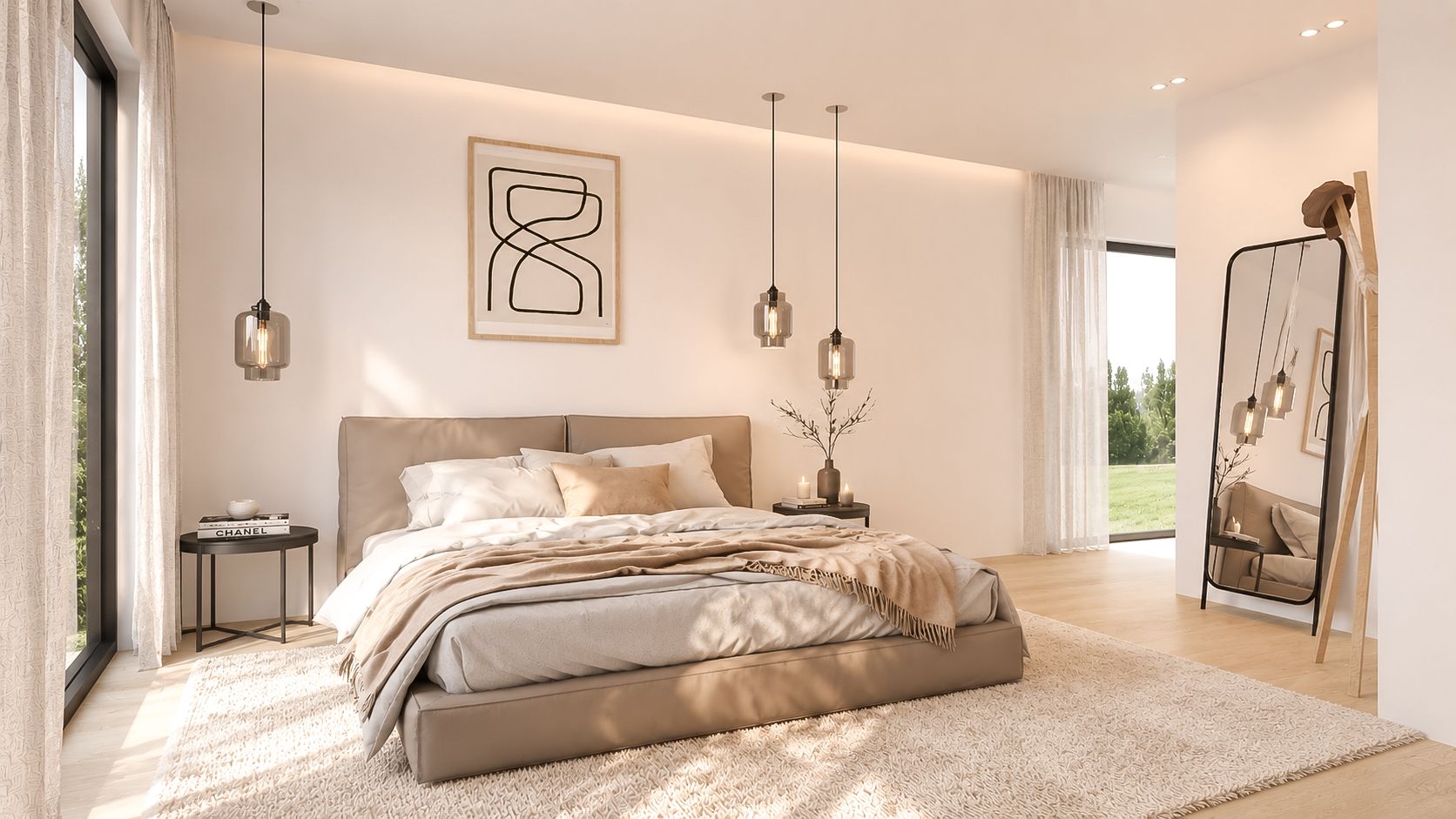 Minimalistische beige slaapkamer met een groot bed, hanglampen, wanddecoratie en een passpiegel bij het raam