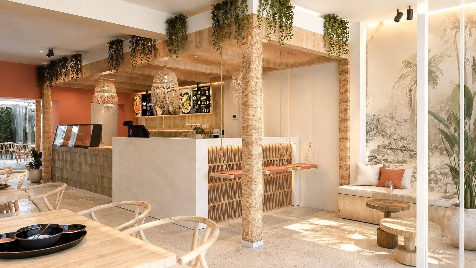 Warm, modern café-interieur met een houten toonbank, hangplanten en een lichte zithoek