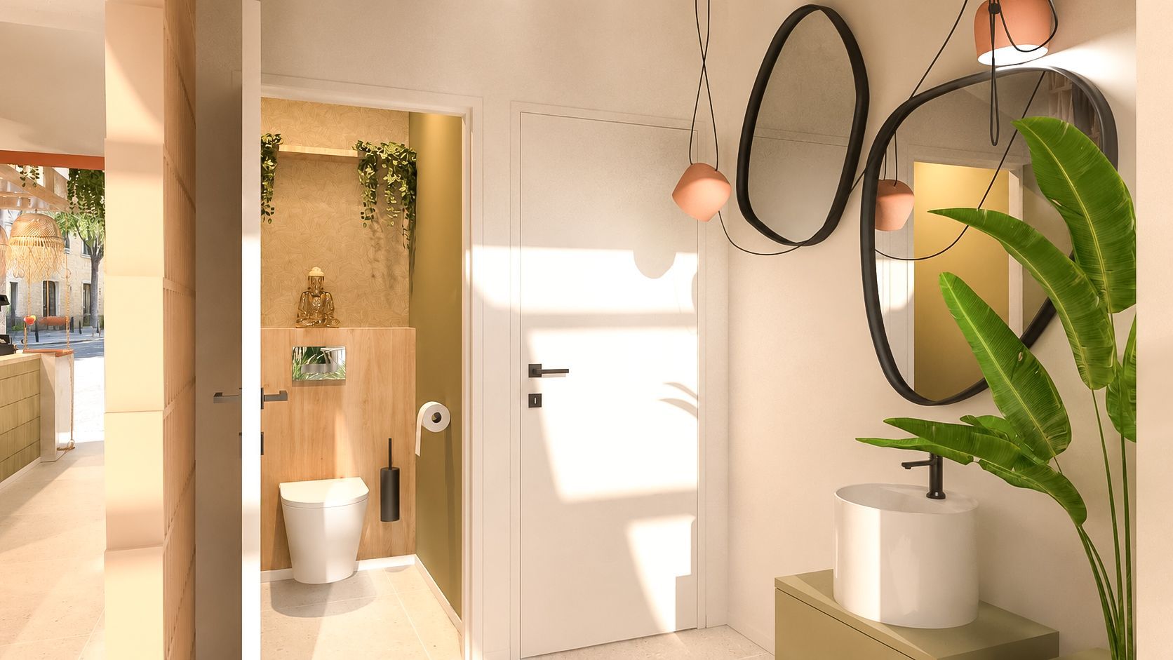 Lichte, moderne badkamer met witte kastjes, een houten doucheruimte, zwarte spiegels en groene plantenaccenten.