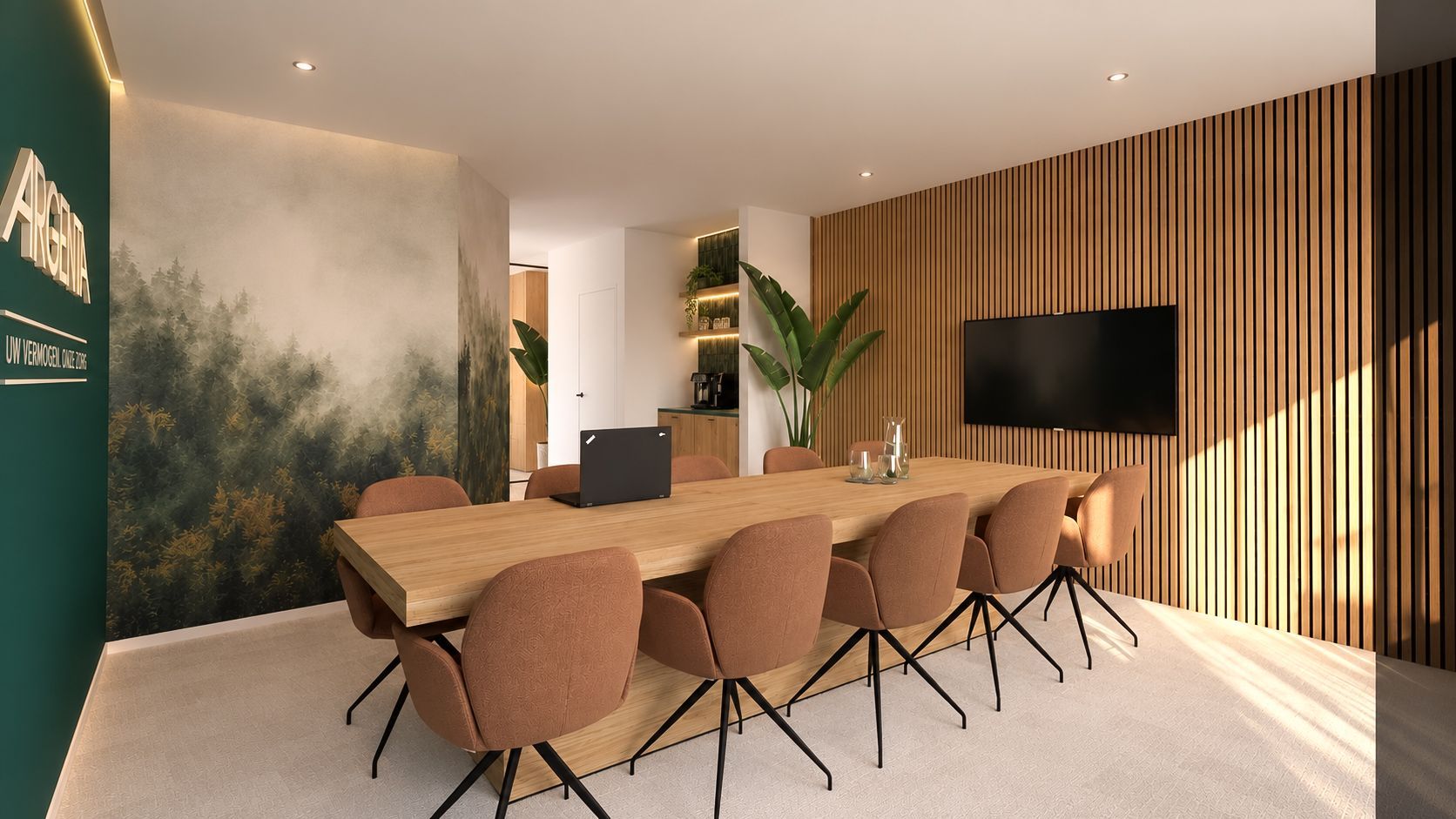 Moderne eetkamer met een witte ovale tafel, sculpturale stoelen, een scheidingswand van houten latten en warme hanglampen.