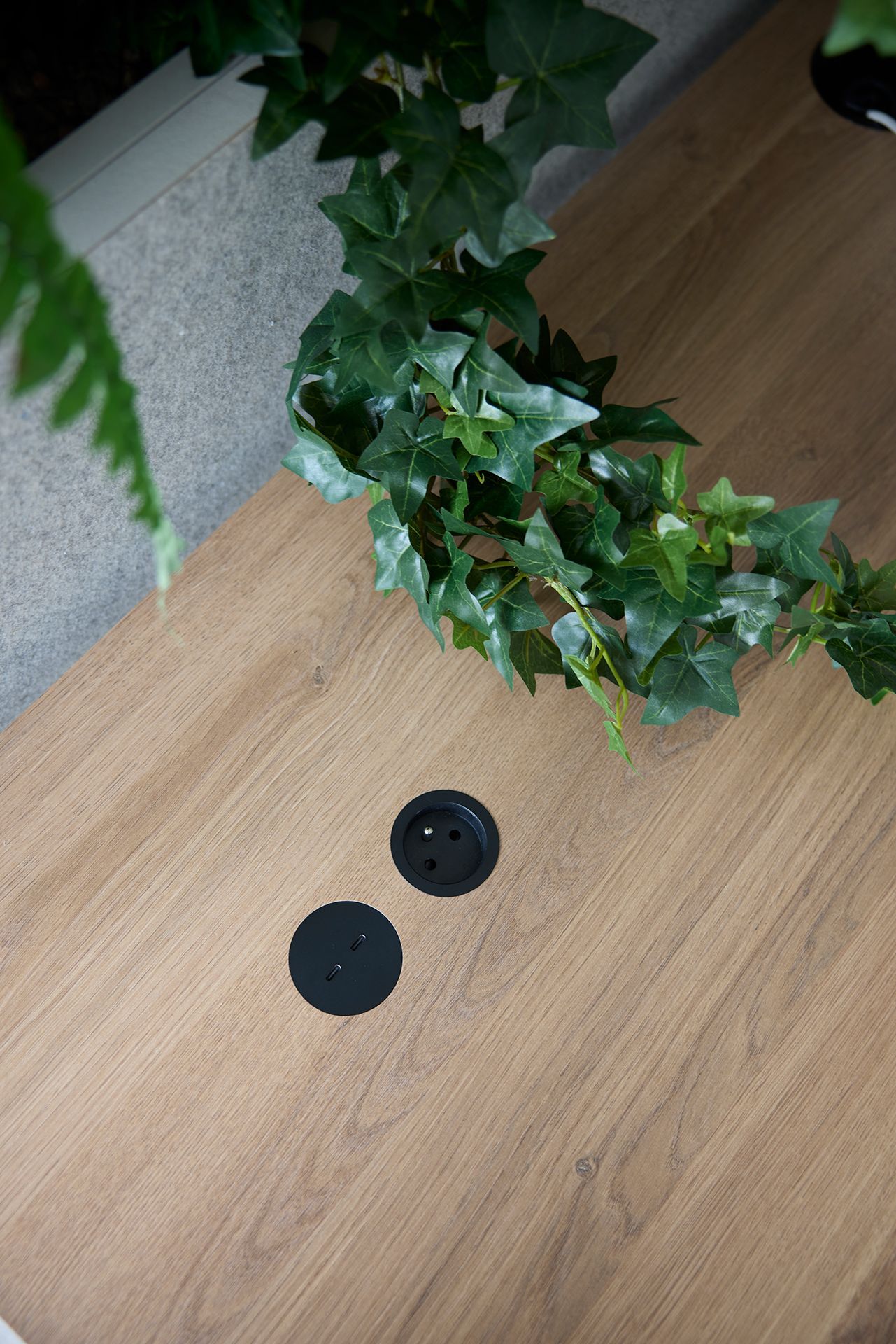 Twee zwarte ronde onderzetters op een licht houten tafel naast een groene bladslinger.