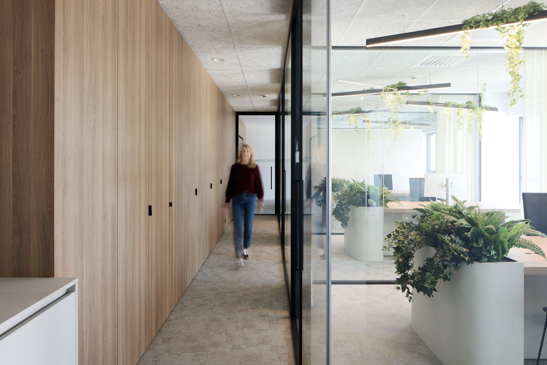 Moderne kantoorhal met houten wanden, glazen scheidingswanden en een persoon die erdoorheen loopt.
