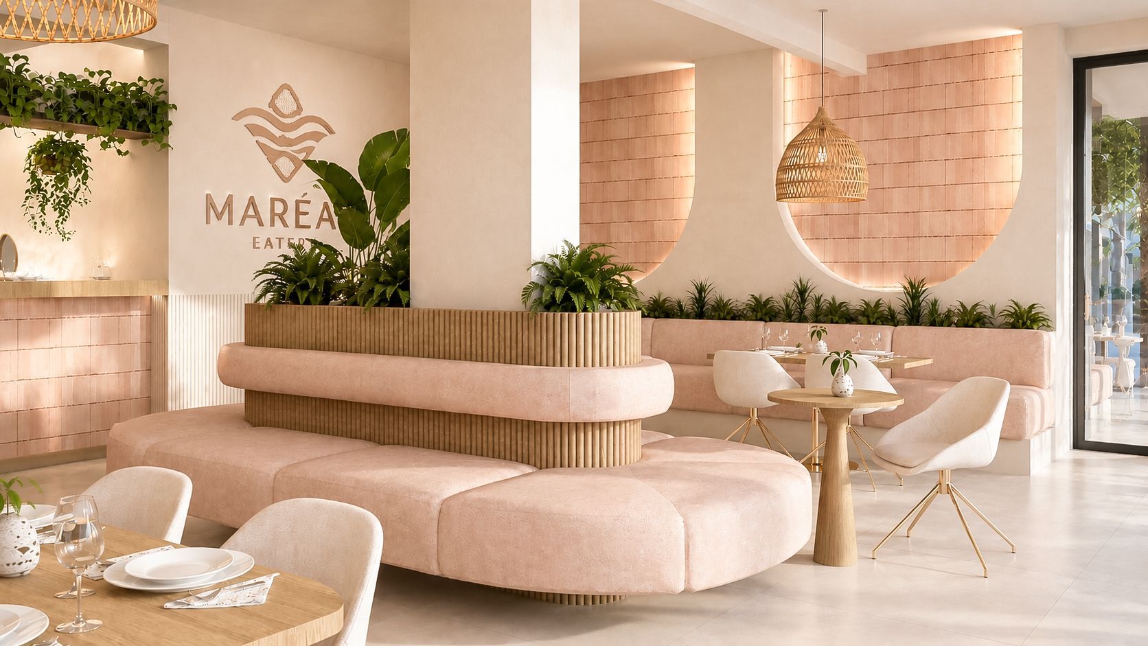 Warme beige café-lounge met gebogen zitgedeelte, planten en een minimalistische receptie.
