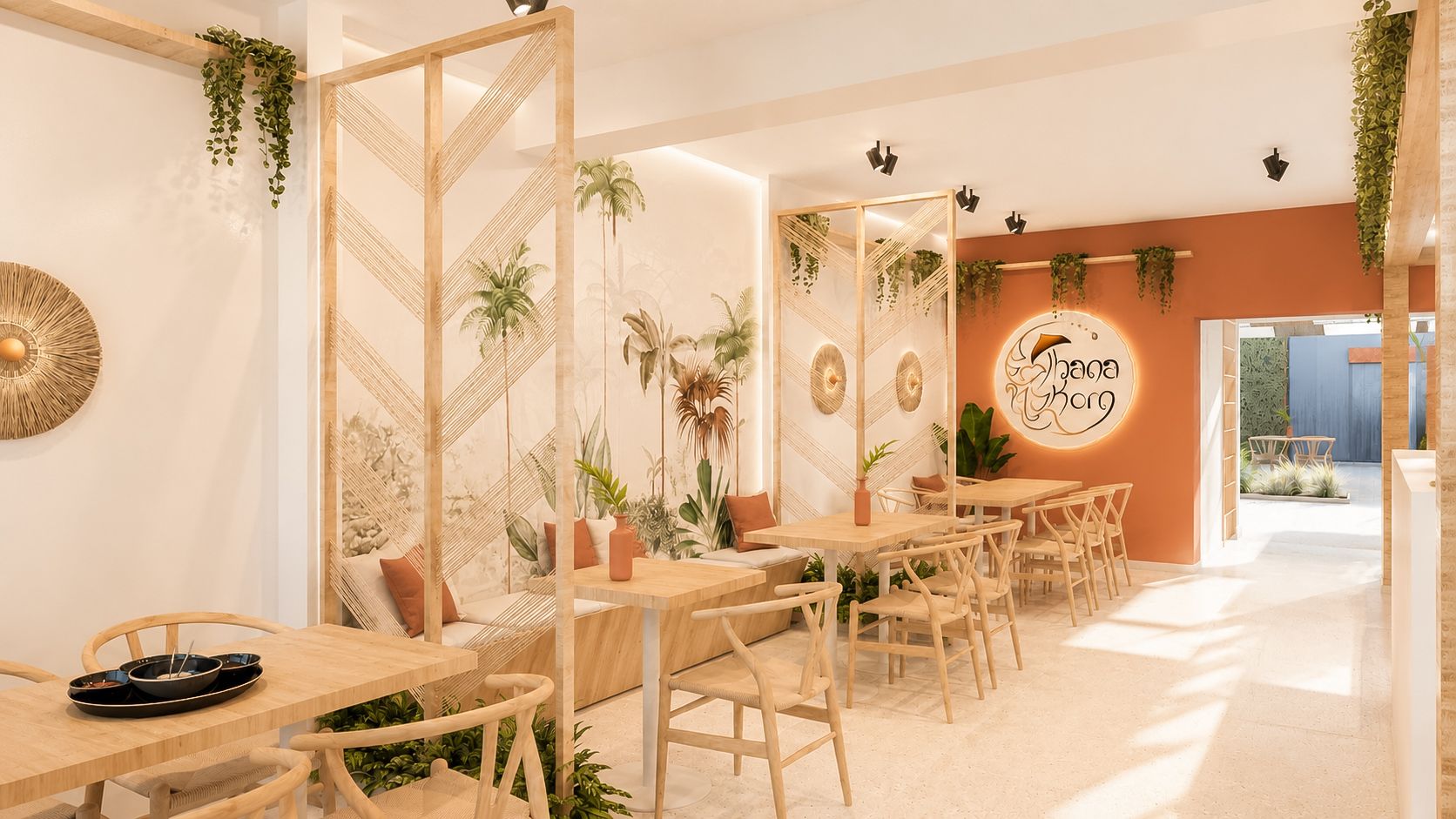 Lichte, minimalistische café met houten tafels, hangplanten en een terracottakleurige accentmuur
