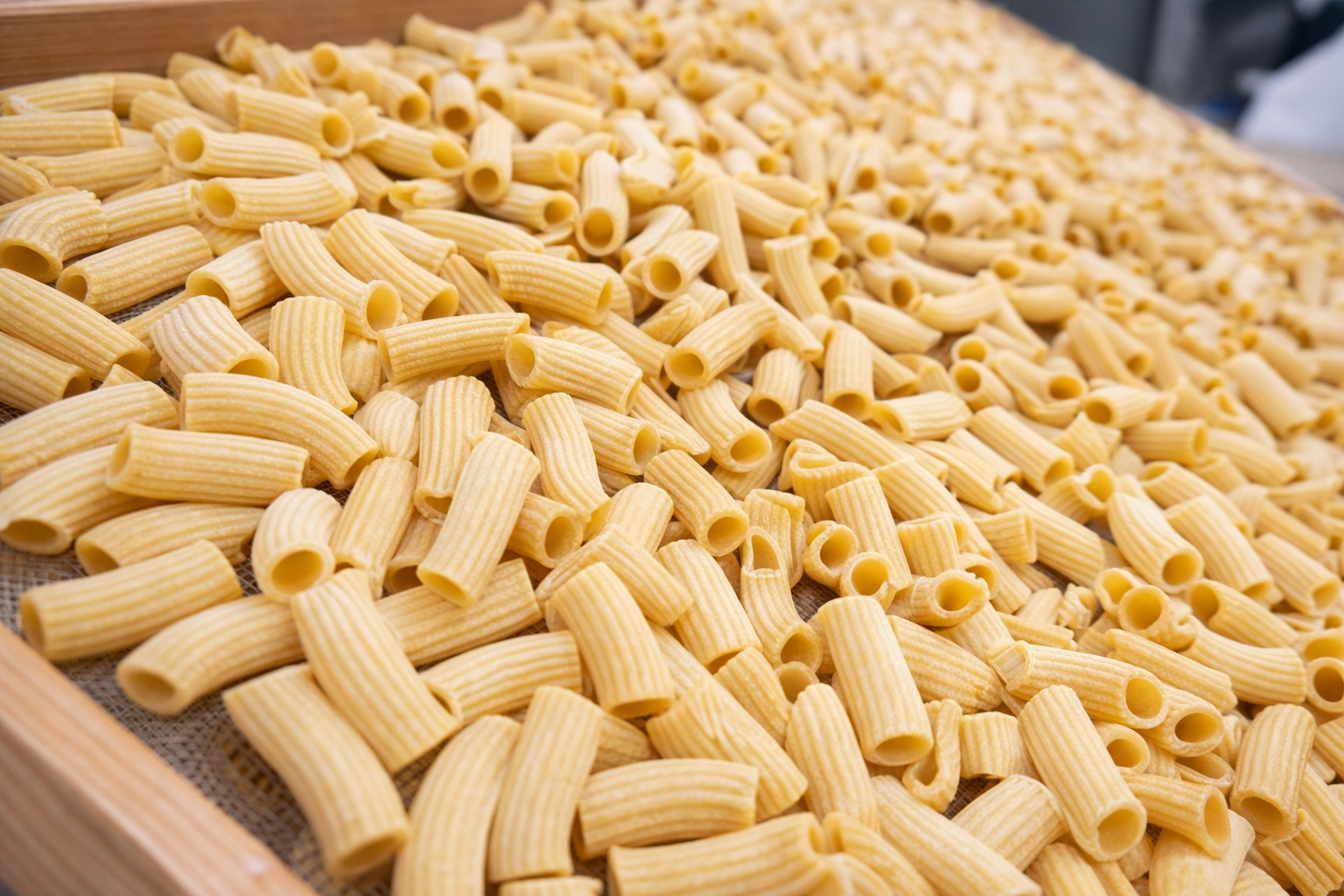 Nudelsalat mit Mais, Basilikum, in weißer Schüssel.