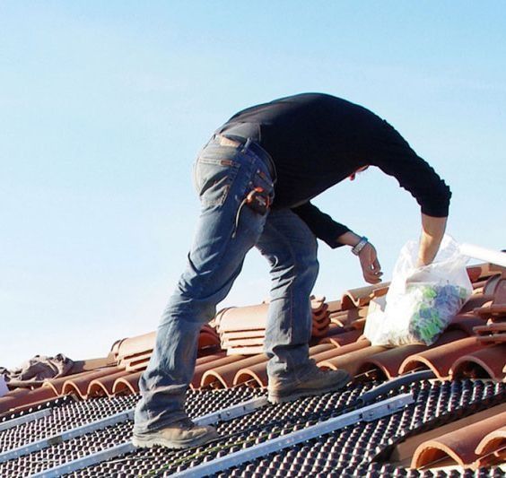 Un hombre está trabajando en un tejado con una bolsa de uvas en la mano.