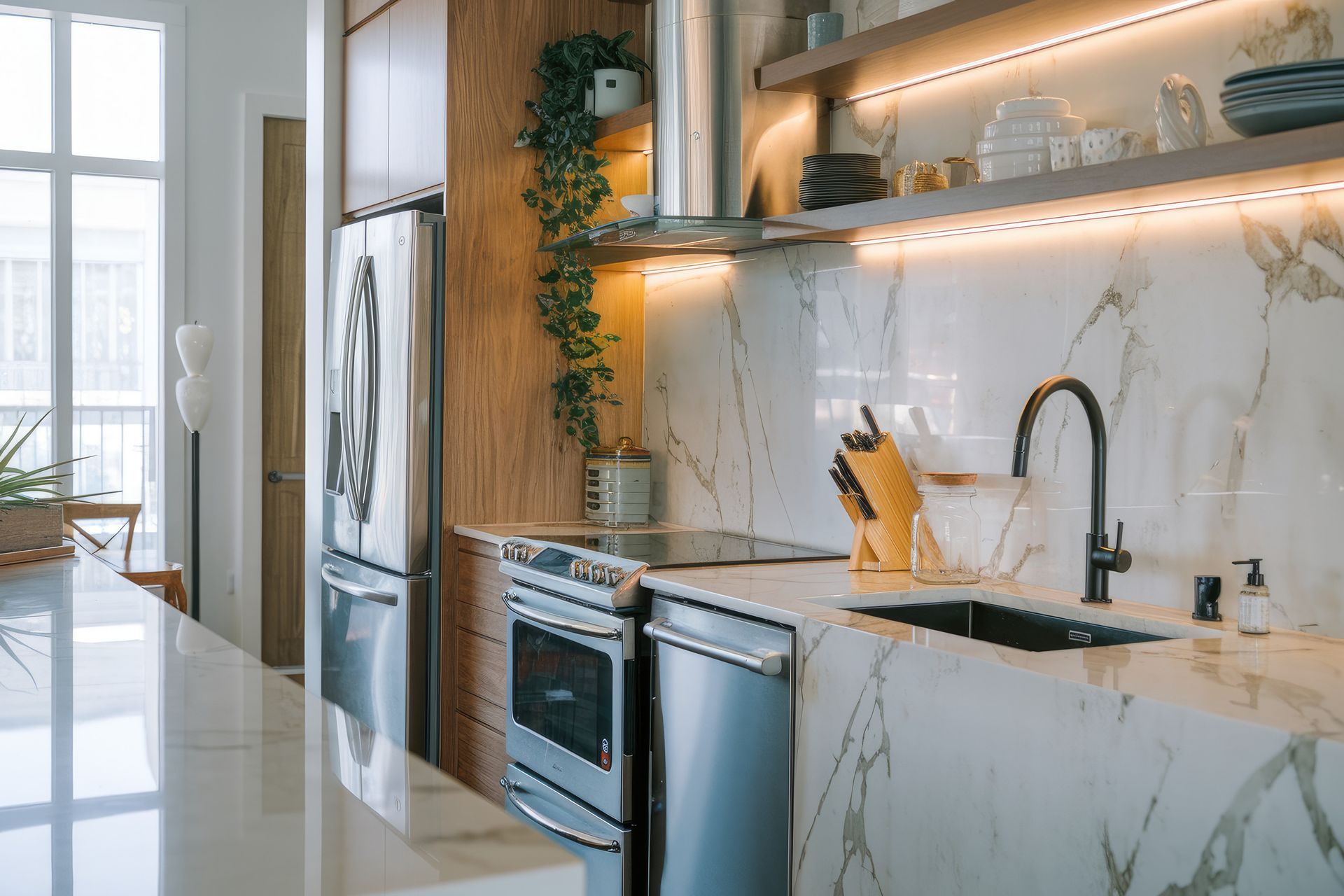 Una cocina con fregadero, estufa, refrigerador y lavavajillas.