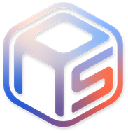 Abstraktes, sechseckiges Logo mit Farbverlauf und stilisierten, ineinandergreifenden blauen, violetten und roten Buchstaben auf weißem Hintergrund