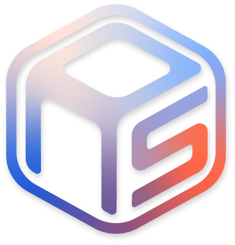 Abstraktes, sechseckiges Logo mit Farbverlauf und stilisierten, ineinandergreifenden blauen, violetten und roten Buchstaben auf weißem Hintergrund