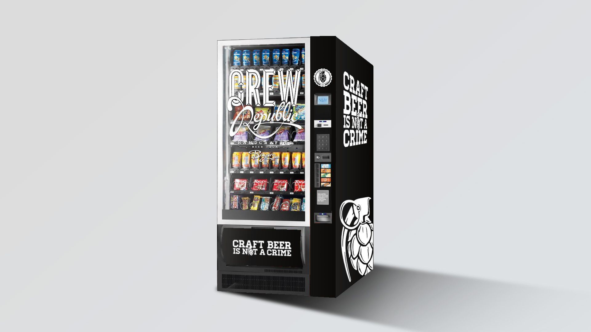 Schwarzer Zigarettenautomat mit farbenfroher Produktpräsentation vor hellgrauem Hintergrund.