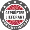 Rundes Siegel mit der Aufschrift „GEPRÜFTER LIEFERANT“ und Sternen sowie Website-Text am Rand.
