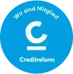 Blue circular Creditreform member badge with white “C” logo and “Wir sind Mitglied” text.