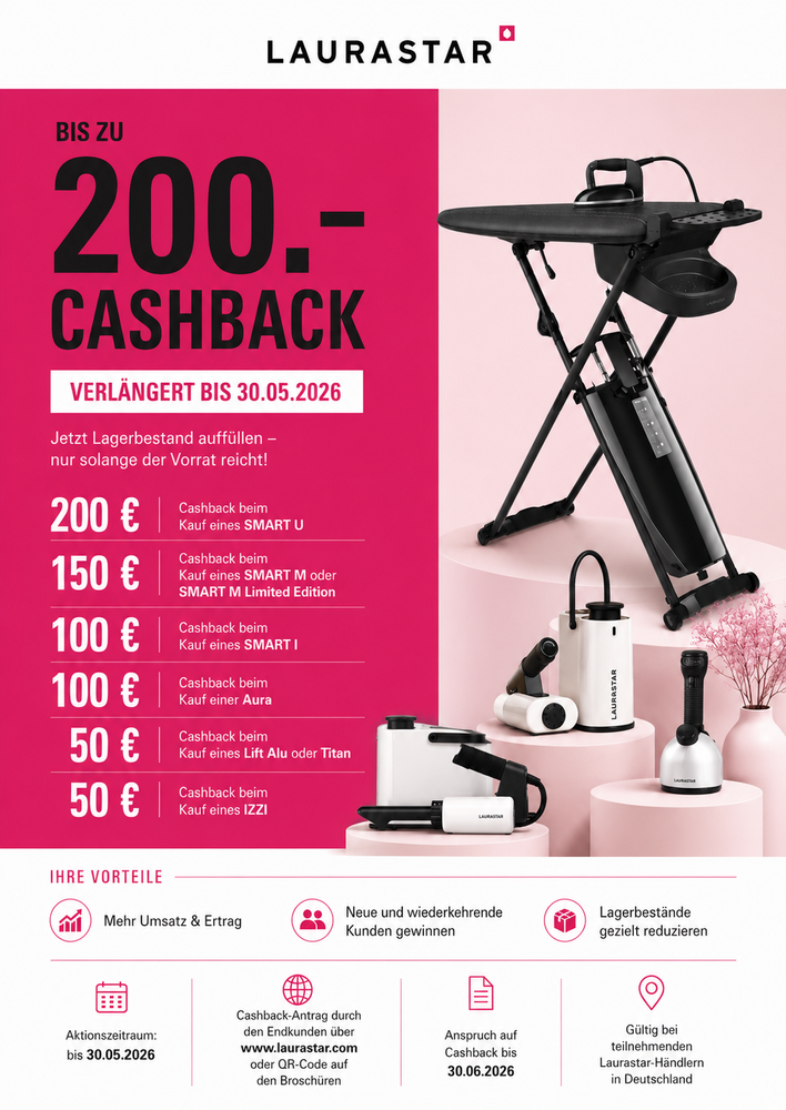Laurastar Cashback-Werbeplakat mit Dampfbügeleisen und Bügelsystem auf rosa Hintergrund, bis zu 200 € Cashback