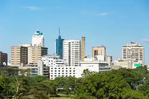 A city skyline with a park in the foreground and trees in the background.
