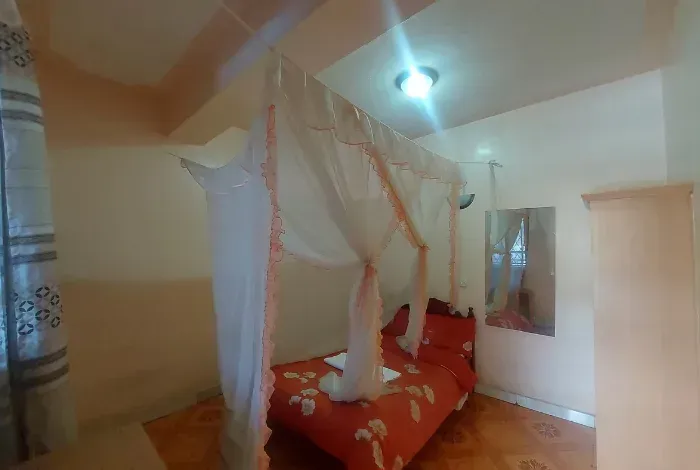 A bedroom with a canopy bed and a mirror.