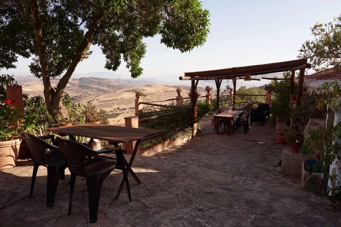 Terraza con mesas y sillas con vistas a un amplio paisaje bajo un árbol y pérgola de madera.