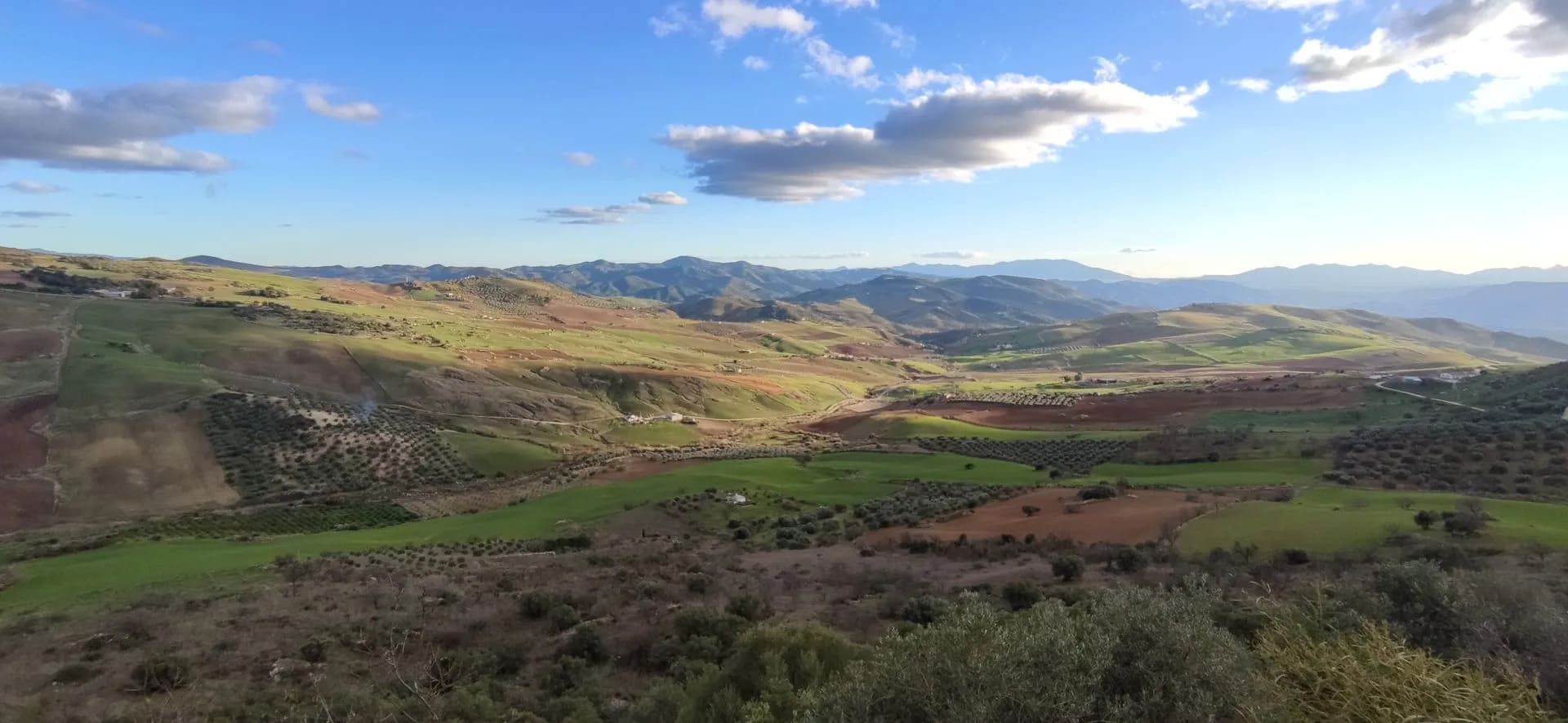 Colinas onduladas y campos verdes bajo un cielo azul con nubes dispersas.