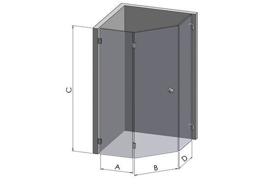 Fünfeckdusche mit zwei Festlementen und mit einer oder zwei Türen zuzüglich einer Stabilisierungsstange