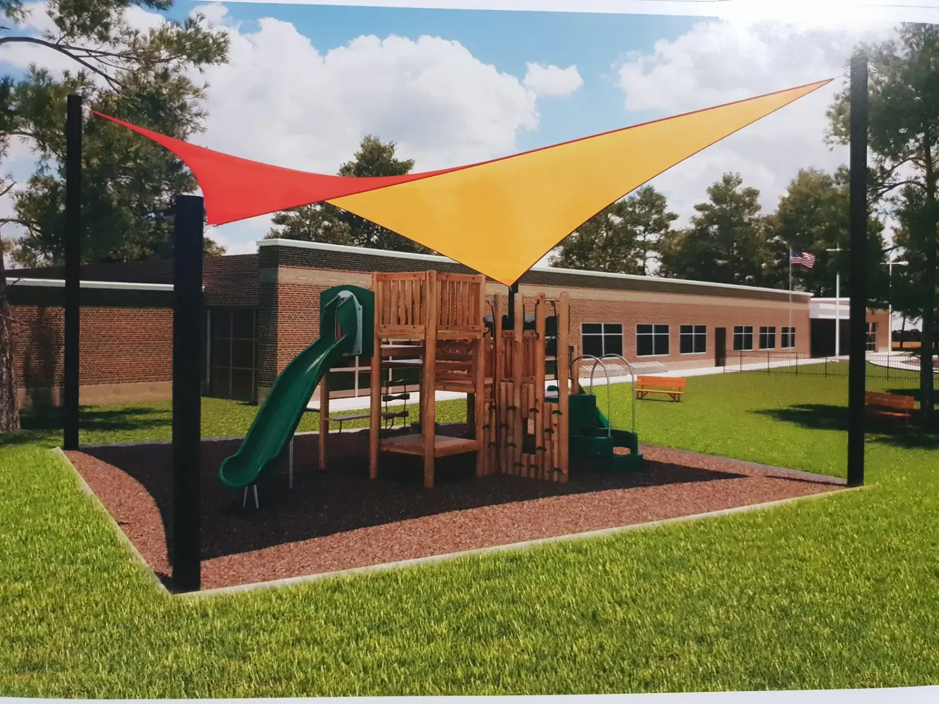 Impresión artística de un parque infantil con velas de sombra.