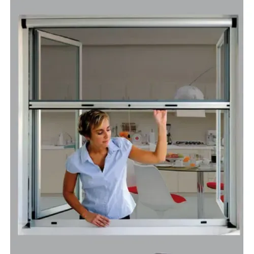 Una mujer mira por una ventana con mosquitera.