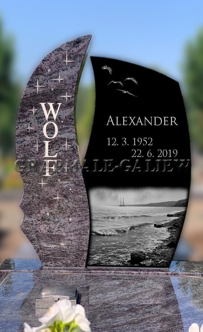Ein Grabstein für Alexander Wolf mit einem Bild des Ozeans darauf.