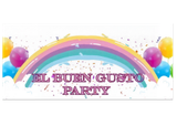 Pancarta de la fiesta "El Buen Gusto" con un arcoíris, globos y confeti.