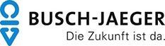 Busch-Jaeger logo: Blue abstract symbol, black text 