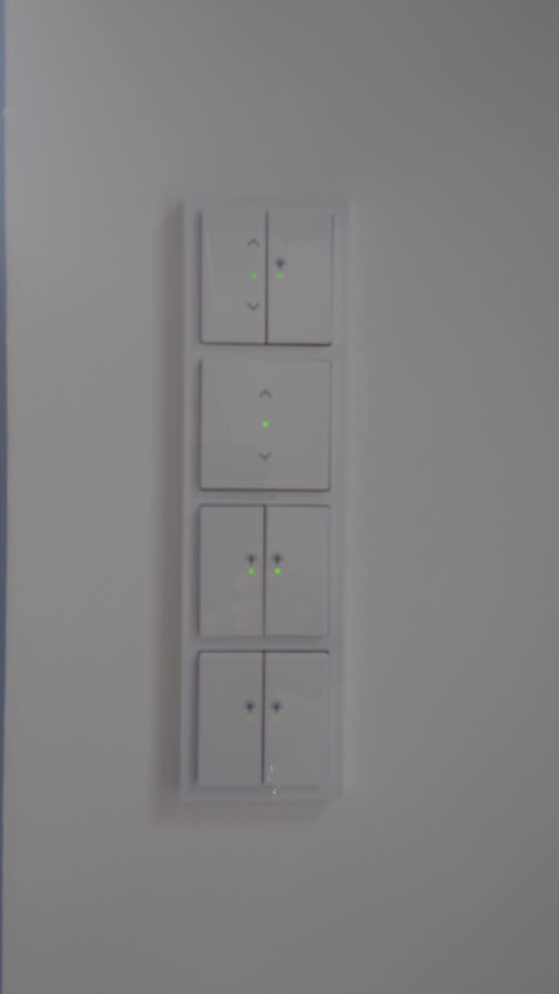 Vier weiße Lichtschalter mit einem kleineren Einknopfschalter mittig über einer weißen Wand.