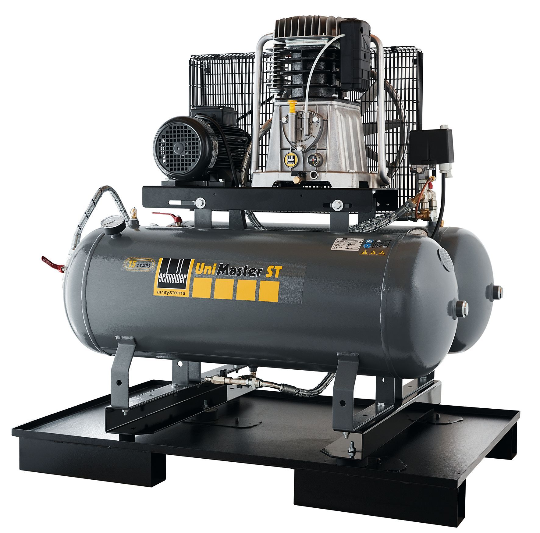 Grauer Kolbenkompressor auf schwarzem Sockel.