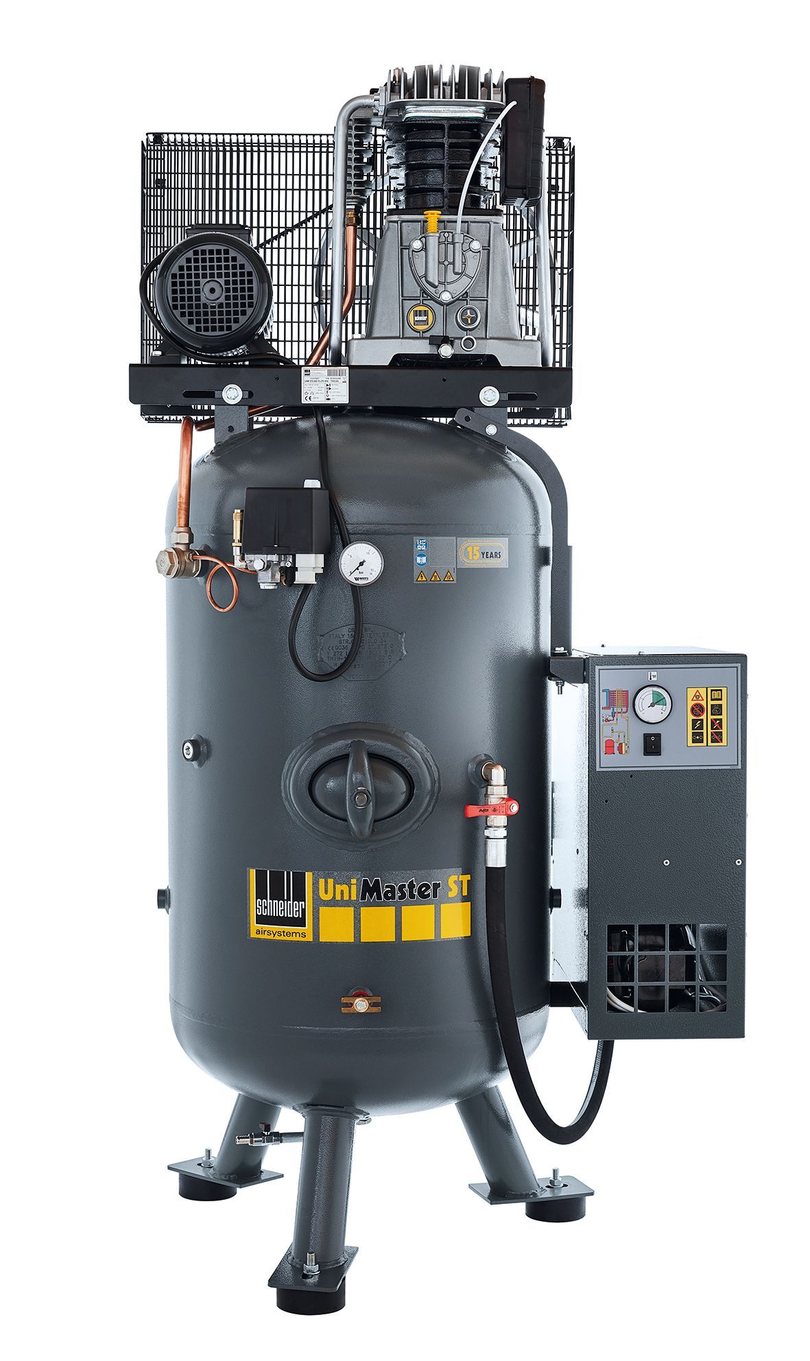 Dunkelgrauer Kolbenkompressor mit vertikalem Tank und Bedienfeld.