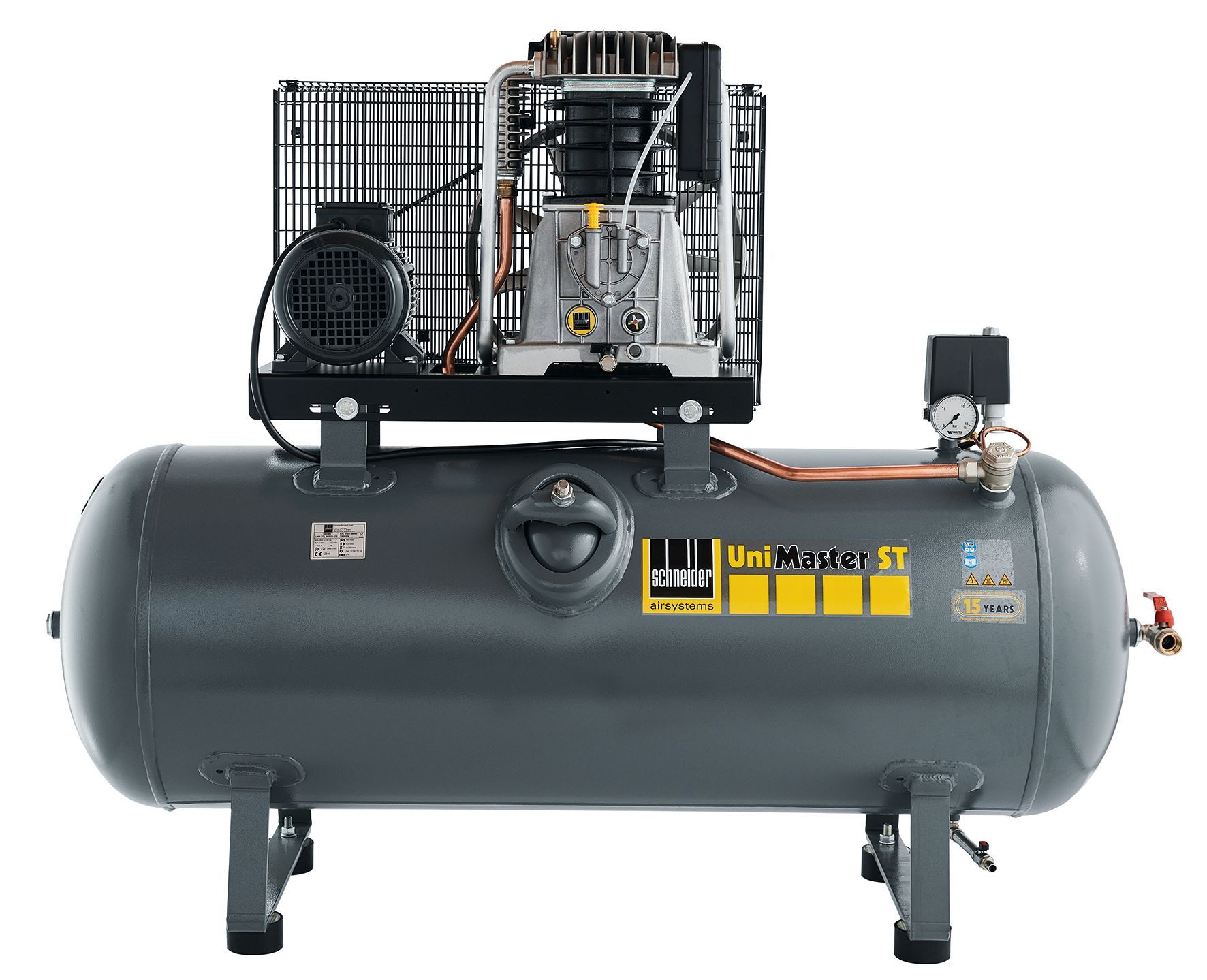 Grauer Kolbenkompressor auf einem horizontalen Tank, mit Manometer und Ventil.