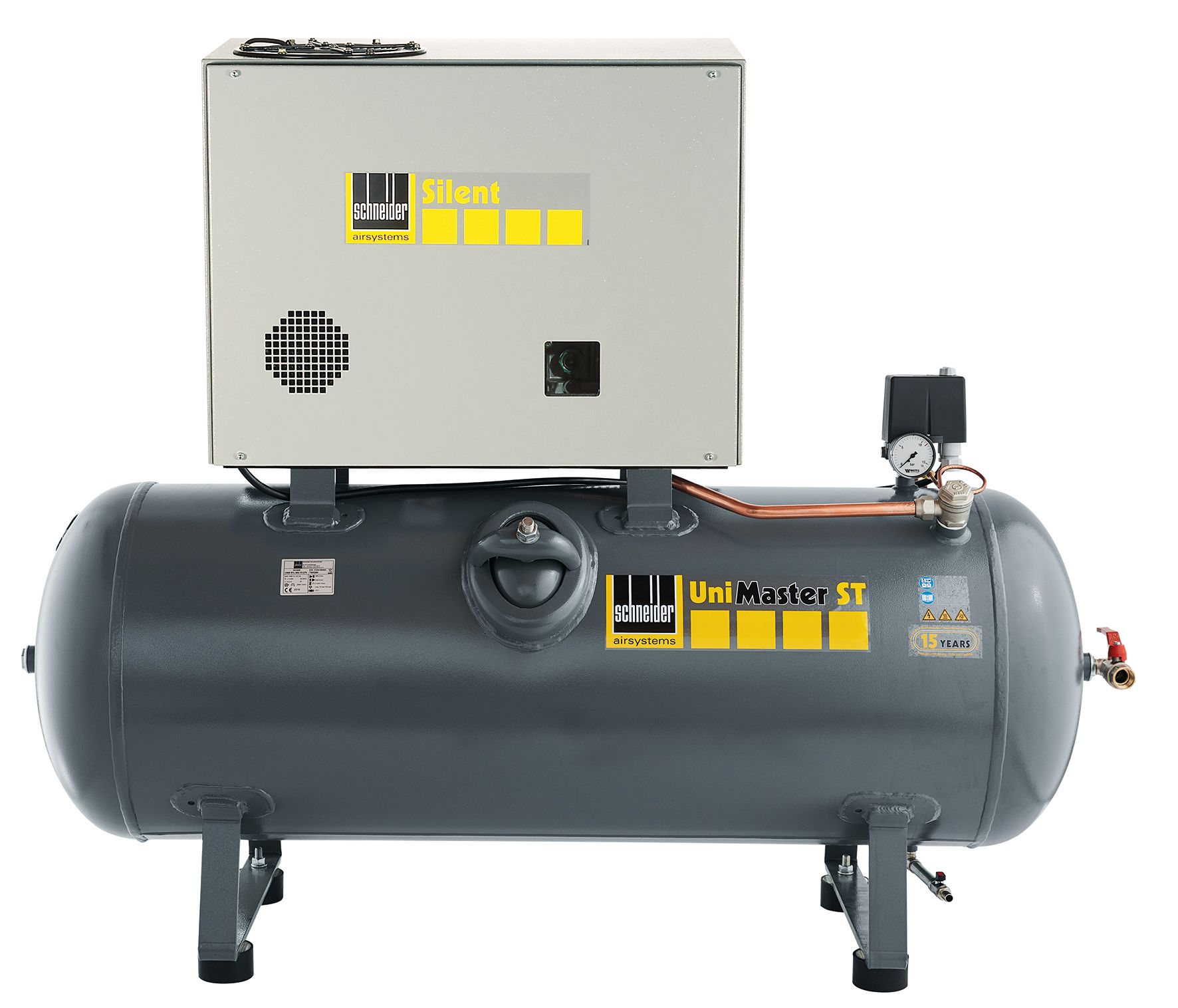 Grauer Kolbenkompressor mit rechteckigem Oberteil und zylindrischem Tank.