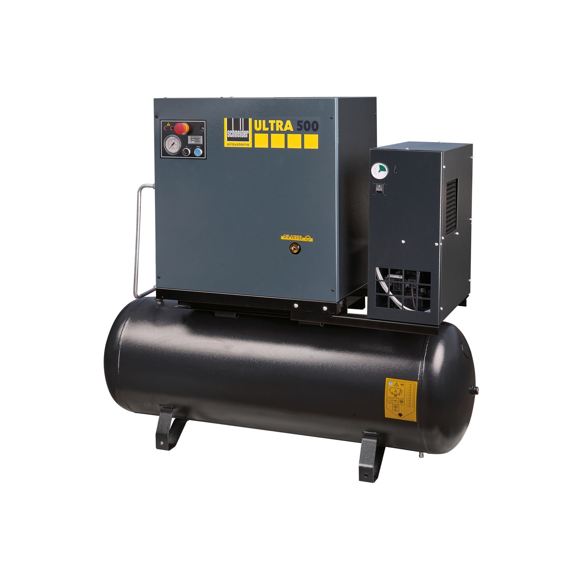 Schwarzer und grauer Industrie-Luftkompressor mit Tank.