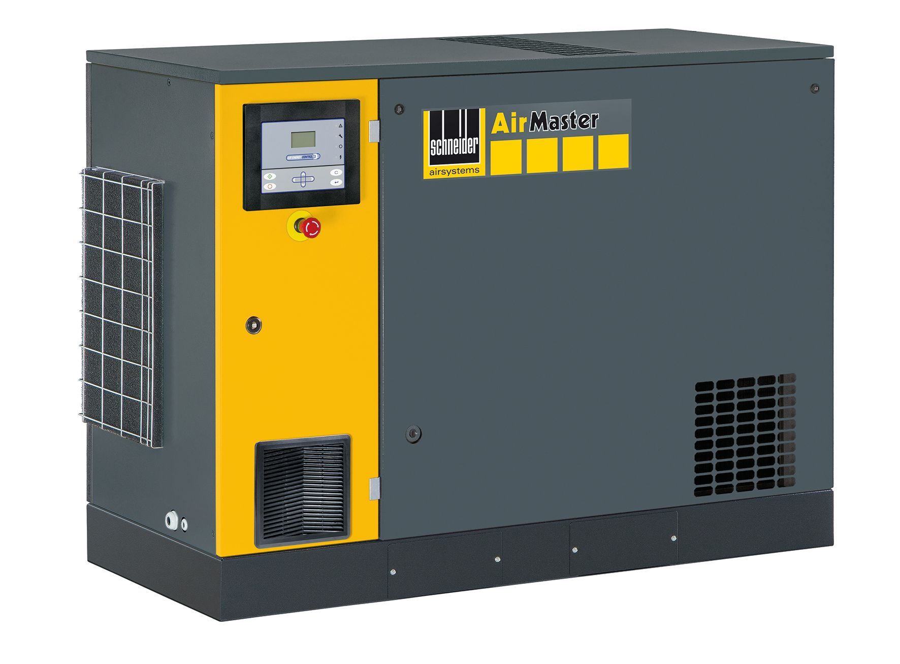 Industrieller Luftkompressor in Grau und Gelb mit Bedienfeld und Lüftungsöffnungen.