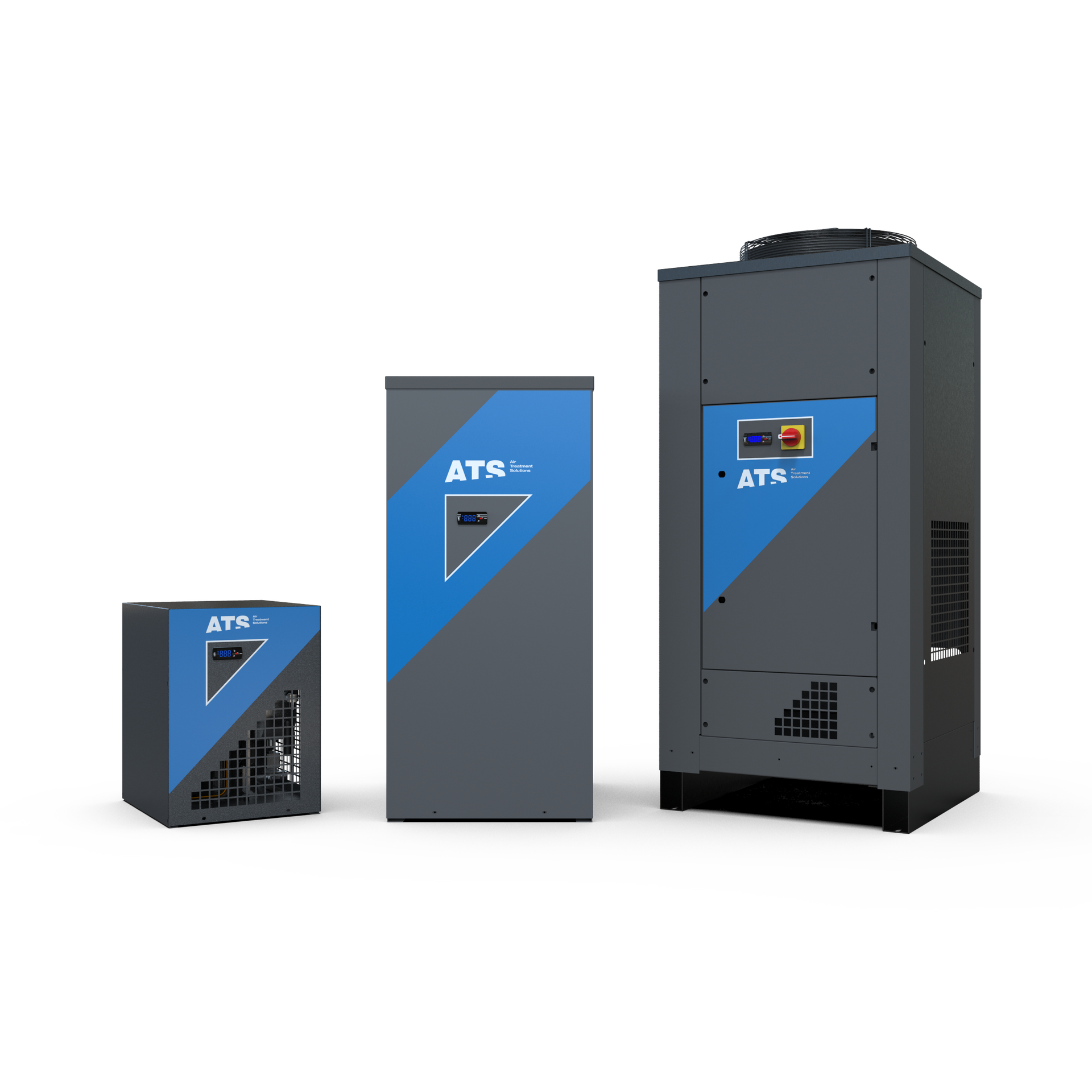 Drei graue Kältetrockner mit blauen Akzenten vor weißem Hintergrund; mit der Aufschrift „ATR“.