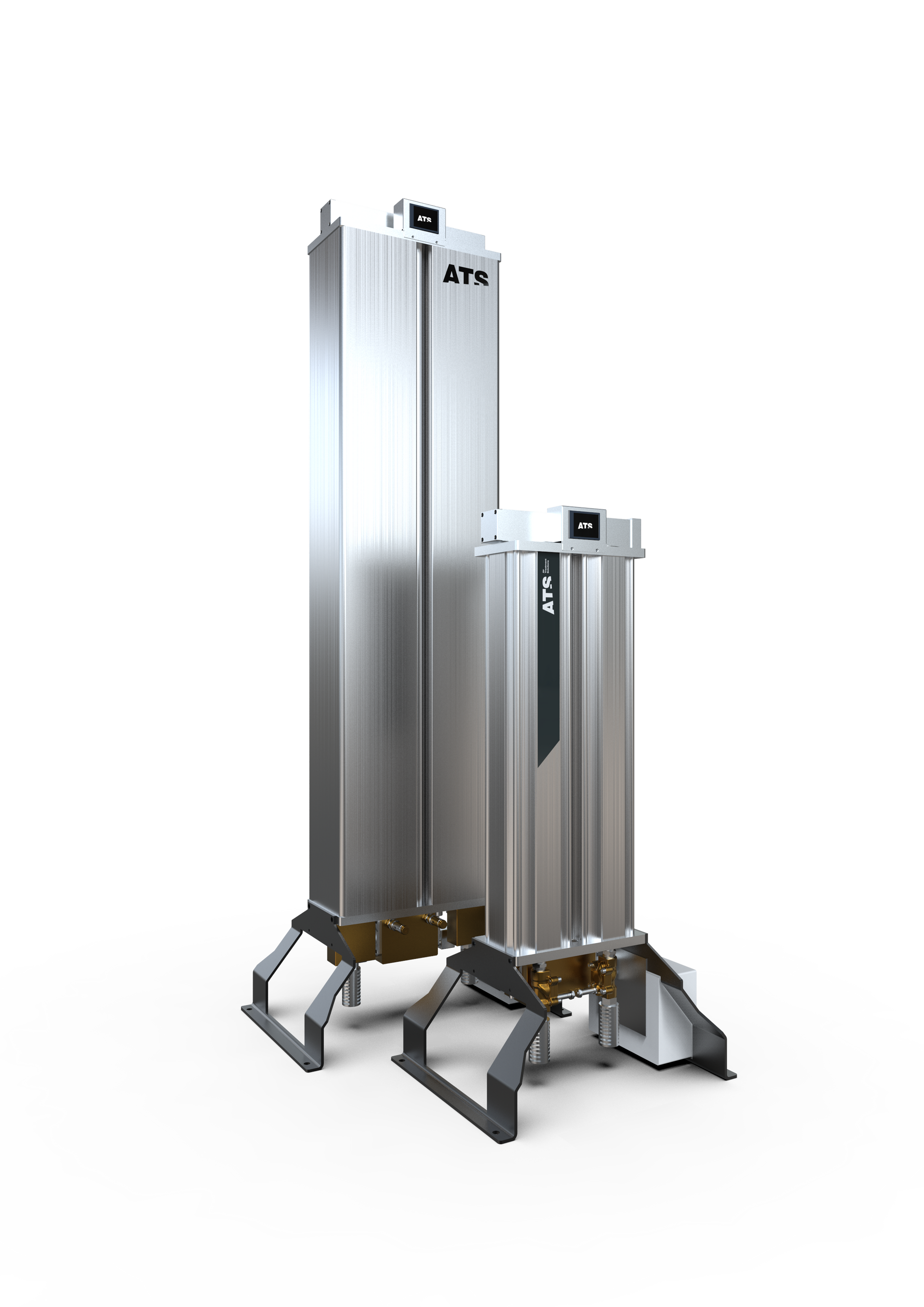 Zwei silberne, rechteckige und zylindrische Adsorptionstrockner auf Ständern.